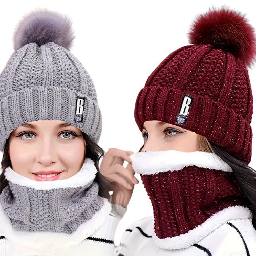 Conjunto Gola e Gorro de Tricô Forrada com Pelúcia